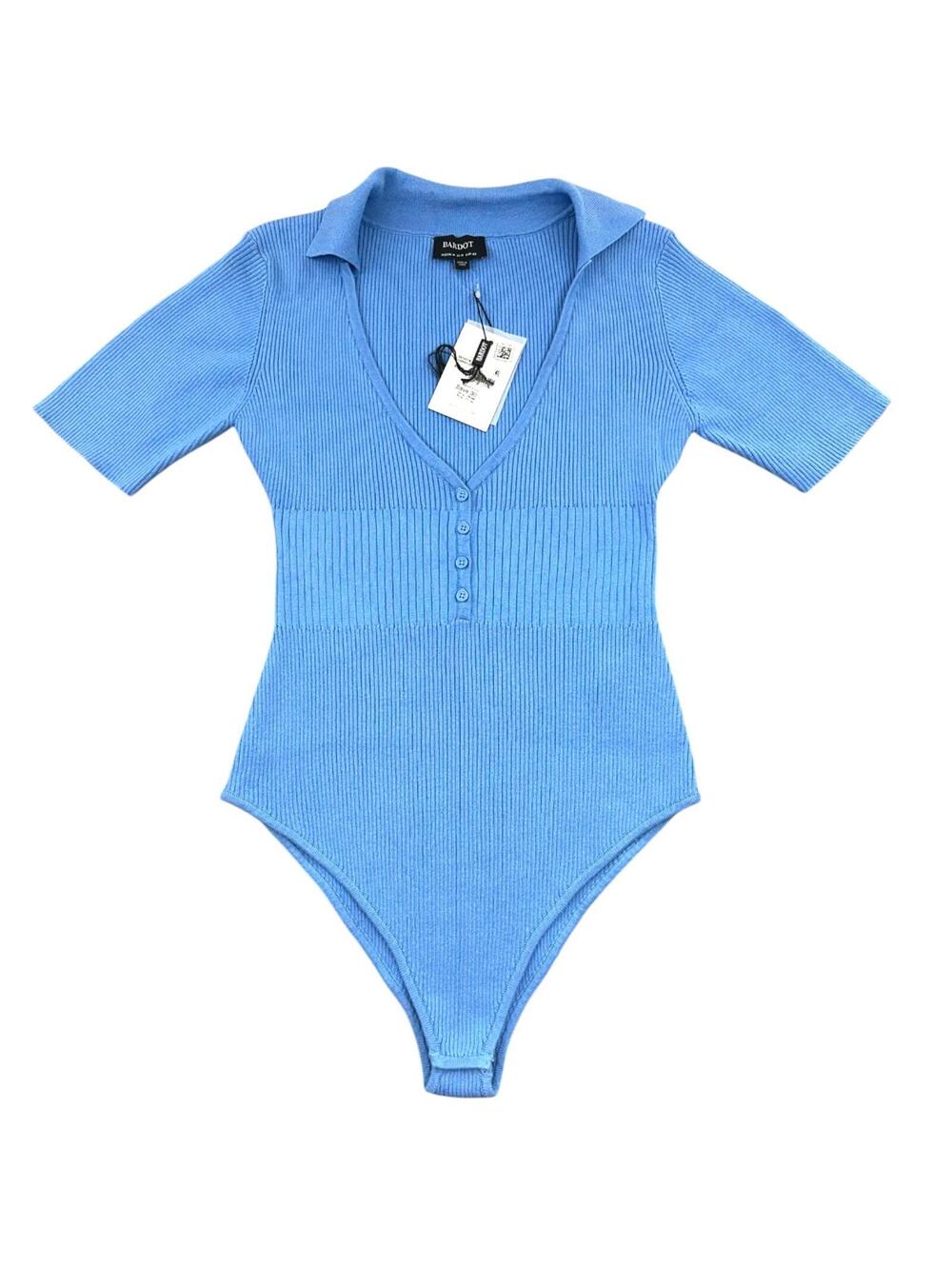 Bardot Light Blue Ribbed Short Sleeve Bodysuit
